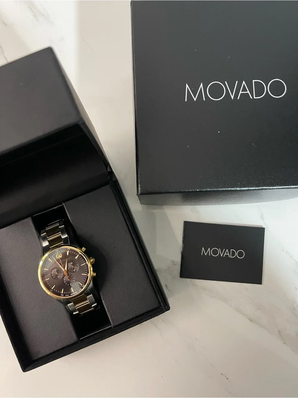 Movado Two Tone Bracelet Watch with Black Dial
